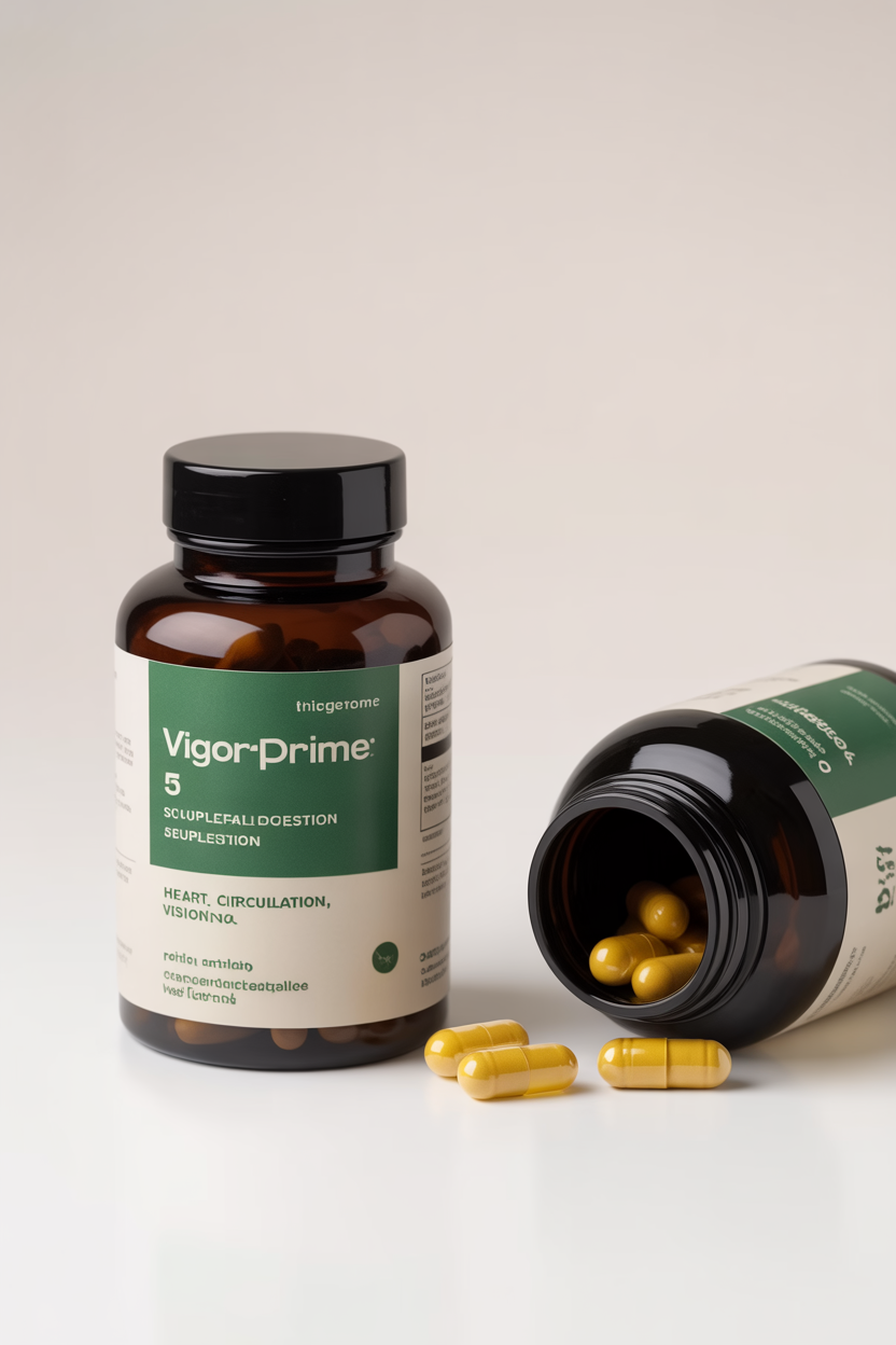 VigorPrime 5 supplement bottle and capsules for heart, circulation, digestion, vision and wellbeing